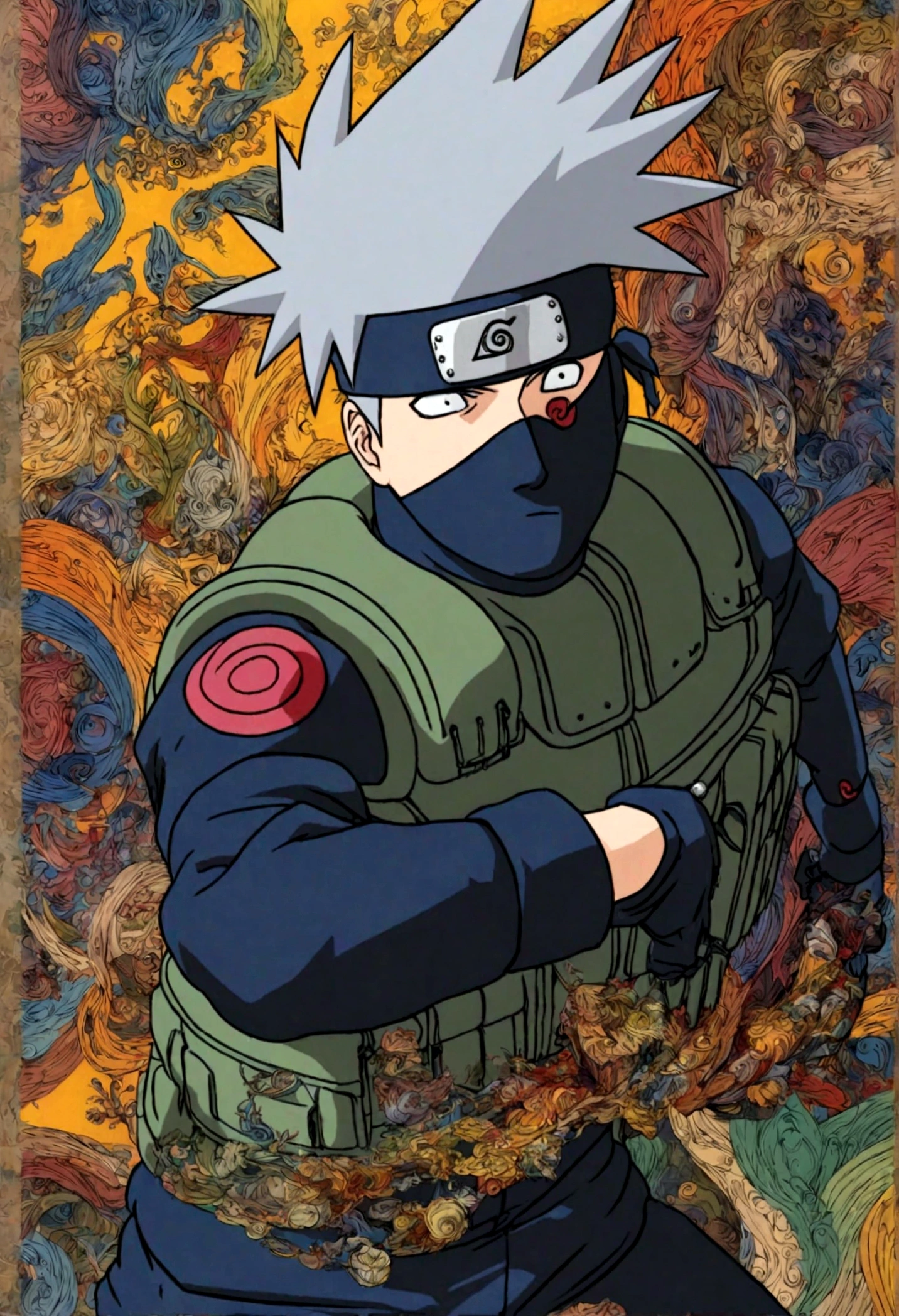 (1 middle-aged male,Kakashi,Gray Hair,alone,comics『Naruto』character,,Use of magic,Fighting Style,Sarcastic smile,Magical Effects,Enjoy the fight,Moderately dirty,tattoo,Forehead protector,A fusion of abstract and digital art,Dynamically,Perfect composition,Anatomically correct,,Intricate details,Wide range of colors,artwork,rendering,,(highest quality:1.4),(Very detailed:1.5),High resolution,Very detailed,unity 8k wallpaper,Intricate details,Carefully draw down to the smallest detail,Draw artistic background,Yin and Yang,Five elements,ninjutsu,