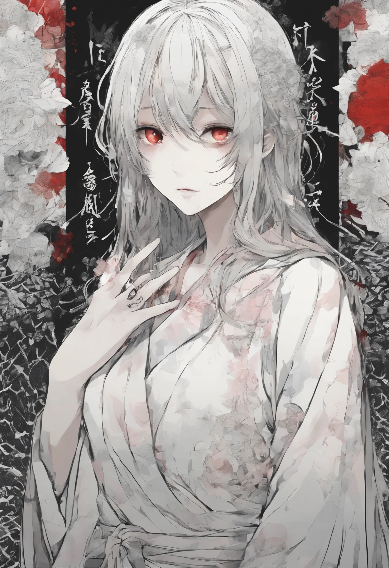 (best quality,highres,masterpiece:1.2),ultra-detailed,horror,manga style,white bloody dress,clivage,suffering manga girl,crying,Japanese,Junji Ito influence,limbo,darkness,abuse,pure sadness,deep emotions,red liquid,men's touch,haunting atmosphere,terrifying beauty,bloody tears,emotional torment,nightmare fuel,vivid colors,cursed destiny,dreadful manga illustration,emotional rollercoaster,despair,indescribable pain,horror manga vibes,unbearable grief,horror-filled eyes,haunting details,intense fear,broken innocence,haunting beauty,heart-wrenching manga scene,unforgettable tragedy,wounded soul,wicked torment,disturbing imagery,macabre,crimson artwork,distressed girl's visage,anguish,manga masterpiece,Japanese horror aesthetics, black and white.
