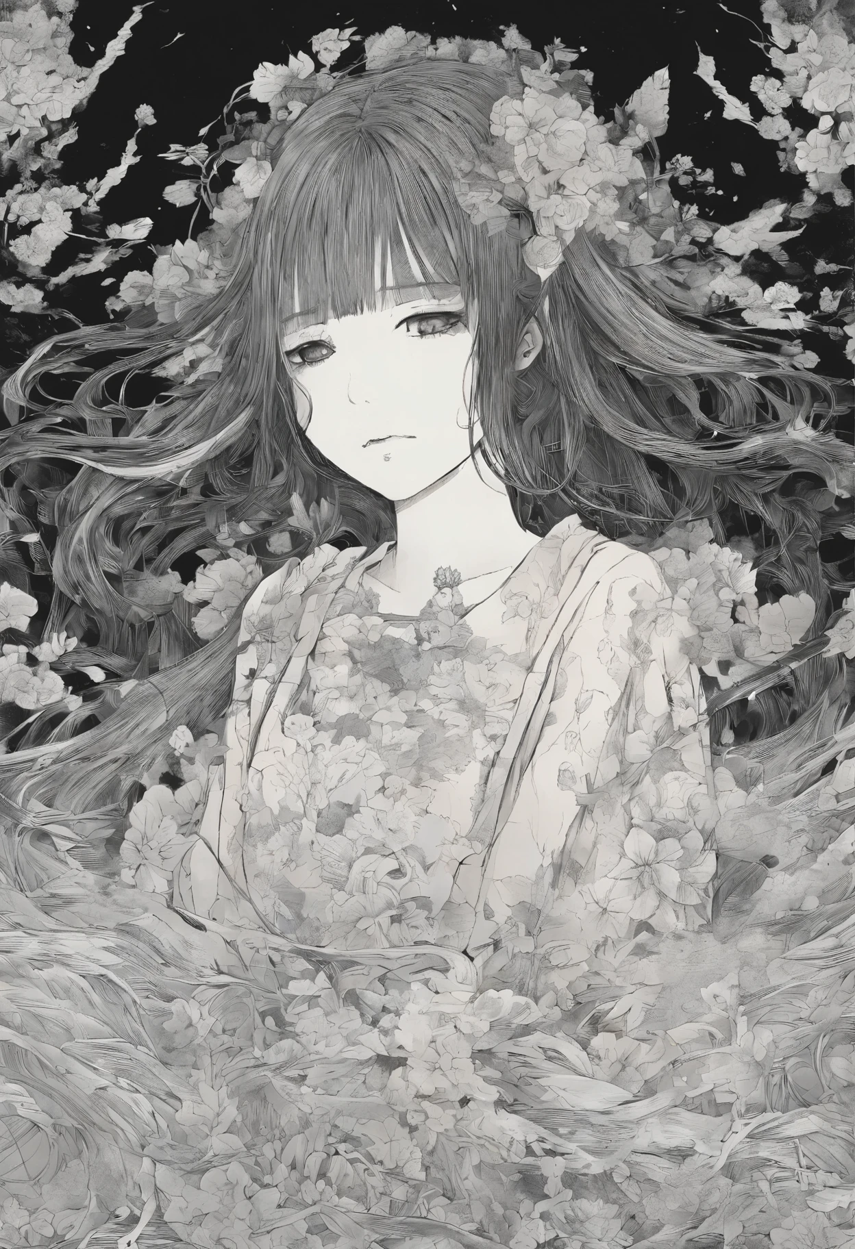 (best quality,highres,masterpiece:1.2),ultra-detailed,horror,manga style,white bloody dress,clivage,suffering manga girl,crying,Japanese,Junji Ito influence,limbo,darkness,abuse,pure sadness,deep emotions,red liquid,men's touch,haunting atmosphere,terrifying beauty,bloody tears,emotional torment,nightmare fuel,vivid colors,cursed destiny,dreadful manga illustration,emotional rollercoaster,despair,indescribable pain,horror manga vibes,unbearable grief,horror-filled eyes,haunting details,intense fear,broken innocence,haunting beauty,heart-wrenching manga scene,unforgettable tragedy,wounded soul,wicked torment,disturbing imagery,macabre,crimson artwork,distressed girl's visage,anguish,manga masterpiece,Japanese horror aesthetics, black and white.