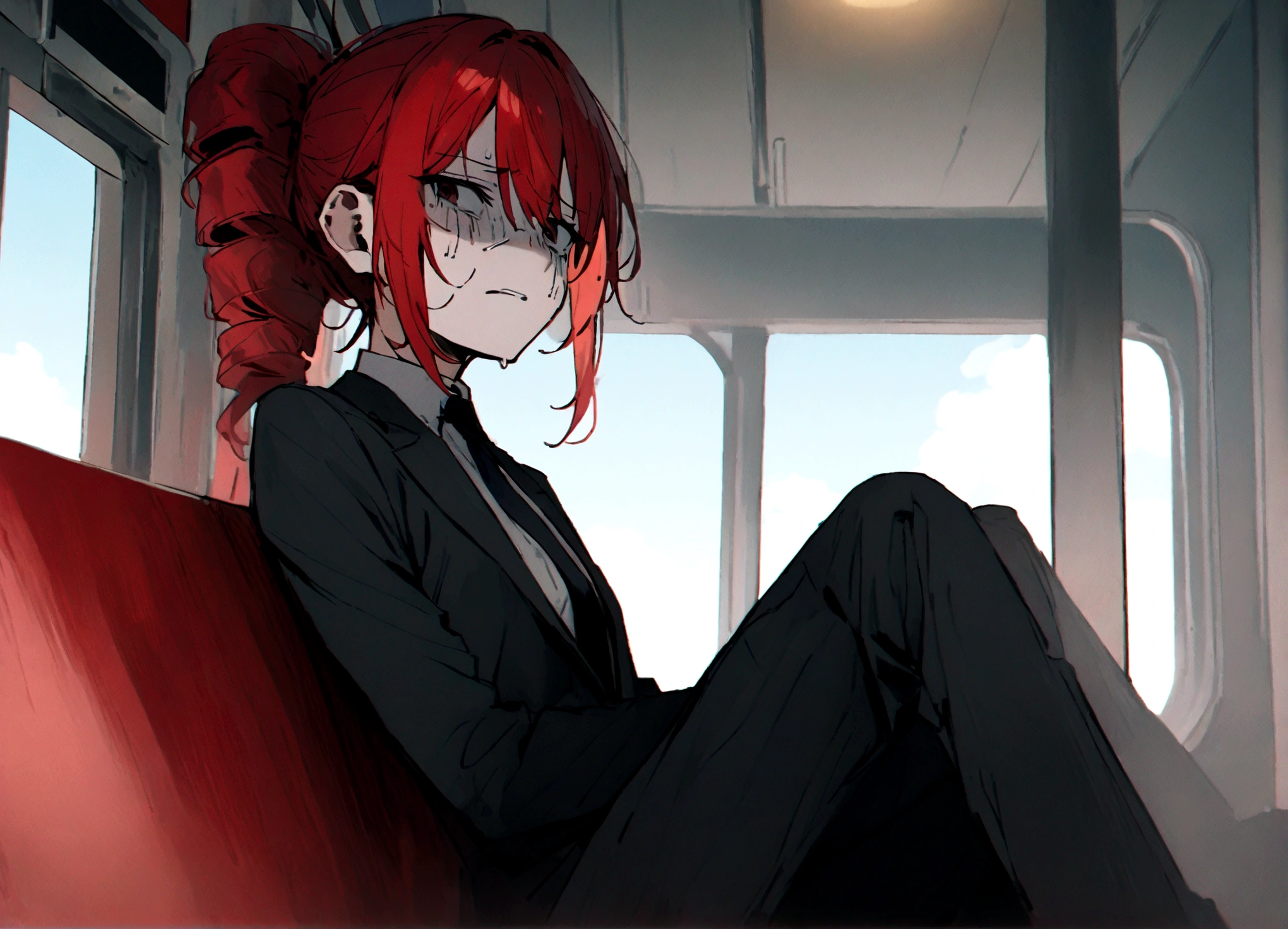 Red hair、Black Suit、Painful face、on the train、Sitting