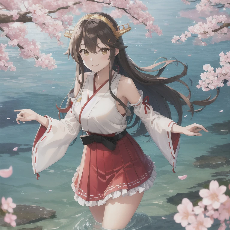 mermaid, mermaid tail below waistline, water, swim, masterpiece, best quality, highres, hmharuna, headgear, hair ornament, hairclip, japanese clothes, detached sleeves, ribbon-trimmed sleeves, red skirt, outdoors, stream, cherry blossoms, smile, cowboy shot, standing 