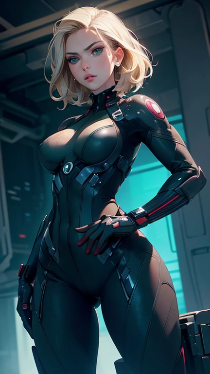 (masterpiece),(Full Body View),(Scarlett Johansson),(Short Platinum Blonde Hair),(Detailed Ass),(Detailed Green Eyes),(Detailed Nose),(Detailed Lips), toned back, wide hips,(Detailed Thighs),(Athletic Figure),(Black tactical suit),(Left cybernetics Arm), Assertive Glance: Black Widow stands with her back to the viewer, her tight suit revealing the shape of her buttocks. With a confident glance over her shoulder and a subtle smirk, she asserts her presence with effortless grace and allure.,