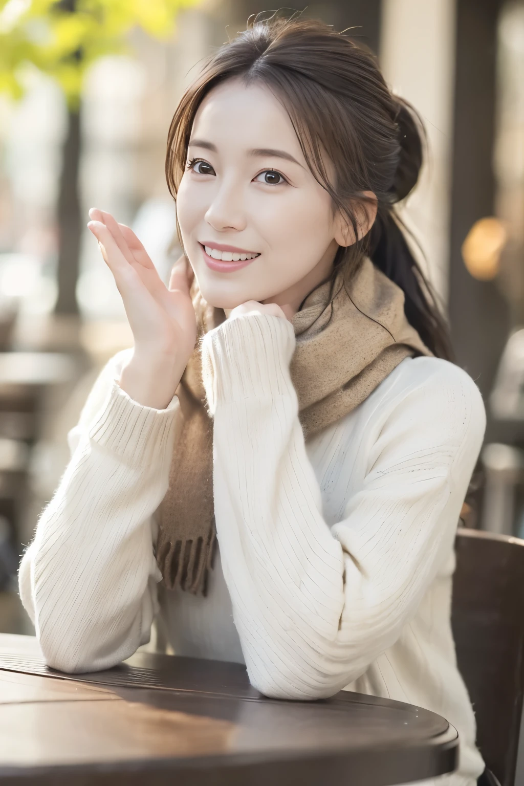 1woman, mature ,solo, ((cowboy -shot)),slender,((sweater and scarf)), ((soft smiling)), (best quality,8k,highres,masterpiece:1.3), (crystal clear white skin),ultra-detailed, (realistic,photorealistic,photo-realistic:1.37), portrait, cinematic, warm lighting, medium format, golden hour, dramatic shadows, vibrant colors,((hair up)),(( waving long hair in Wind)),((sitting at table of Opencafé)),(( hair up)),
