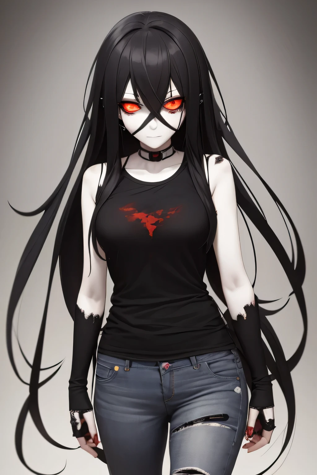 Zombie girl in anime style. Decomposes, the point. long black hair, lifeless eyes with white pupils. Emotionless facial expression. Gray skin pale skin. full length. Bloody and torn clothes, jeans, t-shirt.