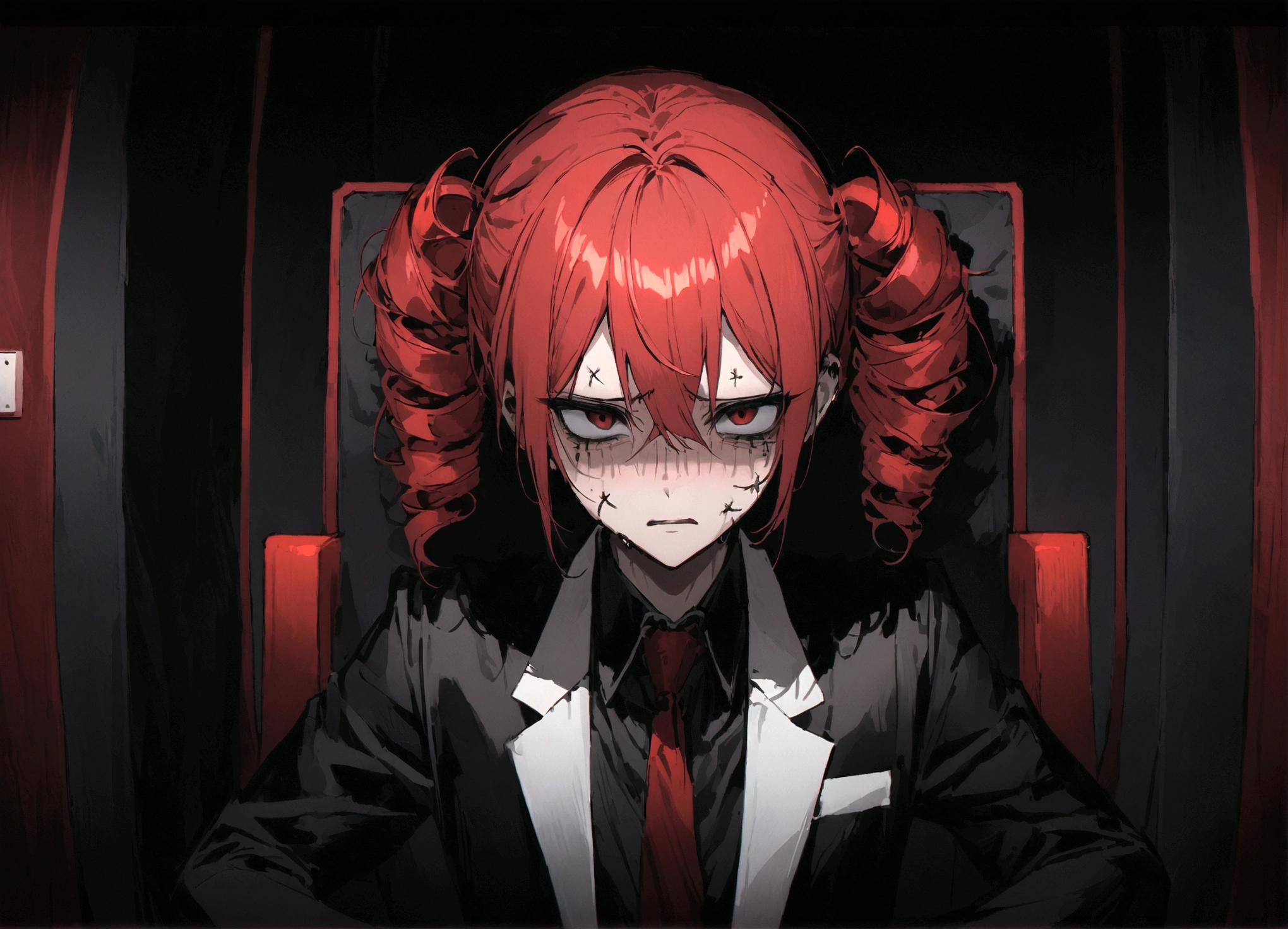 Red hair、Black Suit、Painful face、Sit in front of your computer