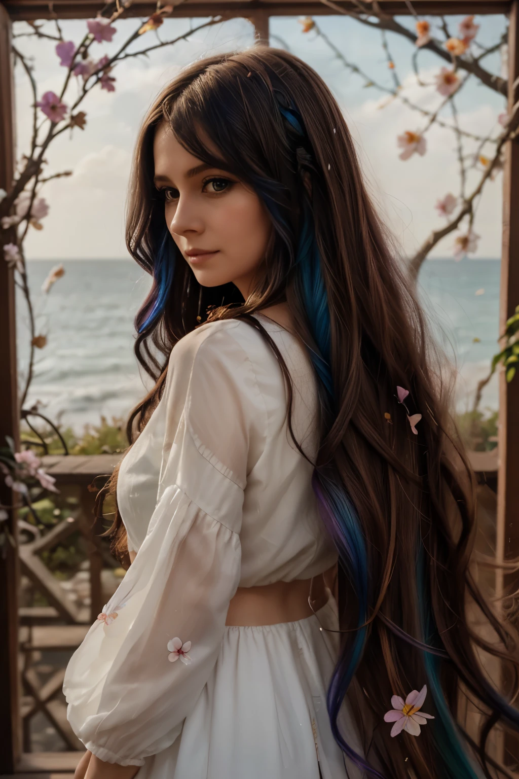 tide play,luxray, split color hair, wind, flying petals, stainedglassai, ornamental, intricate details, dufkova, 2d, lineart, watercolor, ink watercolor, random color hair, super long hair, wavy, 1girl,alraune,flower, alraune,  