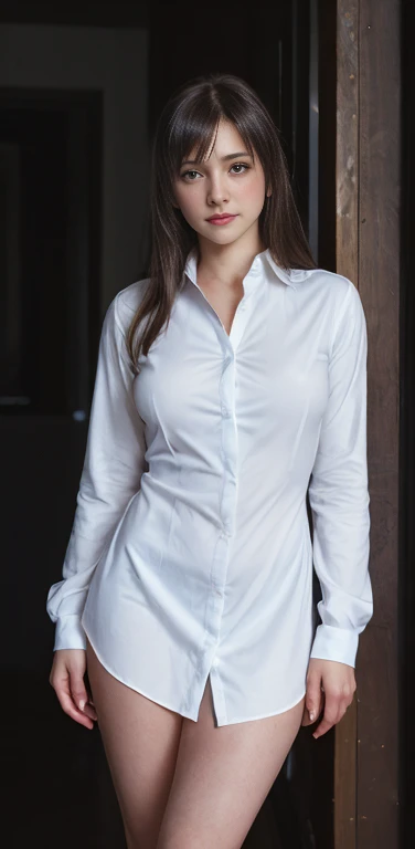 ulzzang -6500-v1.1, (Raw photo:1.2), (Photorealsitic), (See-through:1.3), (Real: 1.4), (Ultra-realistic pantyhose:1.2)、Full body, neat and long legs、 Focal length: 1.2, Real popular female college student、Horny college girl、Perfect Body Beauty: 1.4, (White open shirt、, Standing: 1.2), (Home bed: 1.3)), Highly detailed face and skin texture, Detailed eyes, No Underwear、A smile、turned around、Exposed thighs!!!