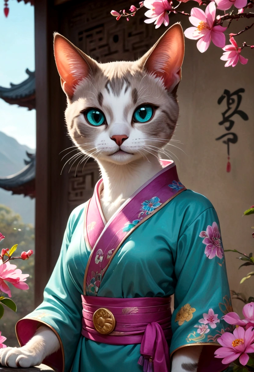 (Masterpiece),(highly accurate drawing in every detail),(extremely precise representation)(cinematic) ((half body portrait)), 3/4 portrait, ancient chinese mythology vibe, a stunning short haired oriental cat(with all cat specific bodyparts) dressed in turquoise magenta hanfu dress with huge hanfu flower headpiece holding a tiny bird in her paw , big eyes, (one visible paw), high quality linework,plain background,1 line drawing