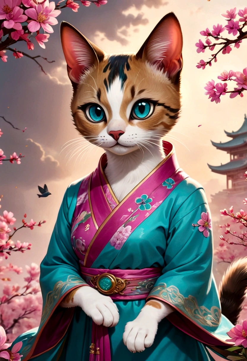 (Masterpiece),(highly accurate drawing in every detail),(extremely precise representation)(cinematic) ((half body portrait)), 3/4 portrait, ancient chinese mythology vibe, a stunning short haired oriental cat(with all cat specific bodyparts) dressed in turquoise magenta hanfu dress with huge hanfu flower headpiece holding a tiny bird in her paw , big eyes, (one visible paw), high quality linework,plain background,1 line drawing