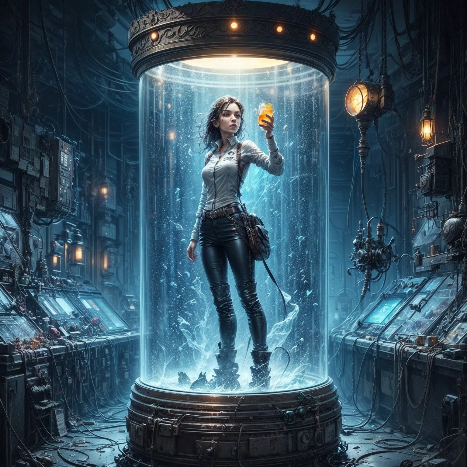 a woman standing in a glass jar in a sci - fi environment, inspired by Alejandro Burdisio, stylized urban fantasy artwork, greg beeple, science fantasy painting, alejandro burdisio art, mystical sci-fi concept art, by Alejandro Burdisio, by Jason Felix, by Jason Benjamin, science fiction art, stefan koidl inspired