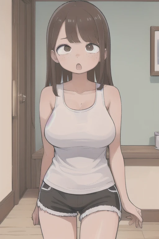 (masterpiece, high quality,:1.4), break,
The best of the best, French Polynesia,Girl with brown skin、（freckles）、（Huge breasts:1.5）、The whole body is visible、、Titty fuck、（White tank top、Black shorts、White knee-high socks）、