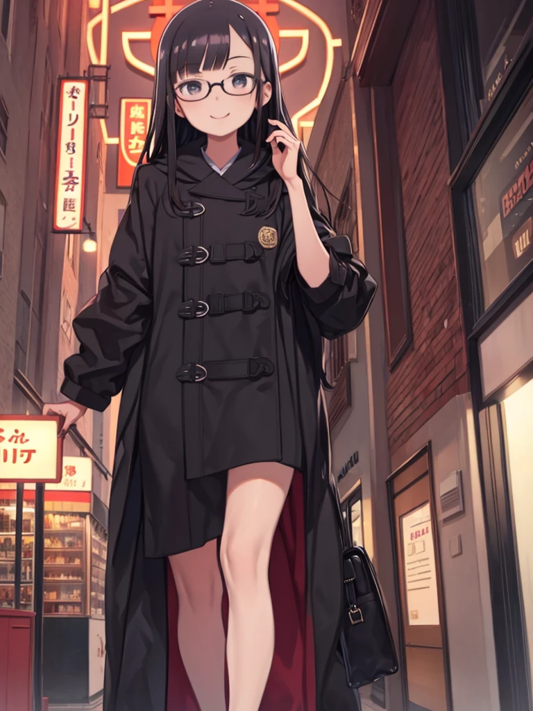 highest quality, Super detailed, figure, One girl, alone, Glasses, Black Hair, Long Hair, Duffle coat, Black Bag, smile, View Viewer, alone focus, hair panel, Love Hotel, front, indoor, shop, sign,