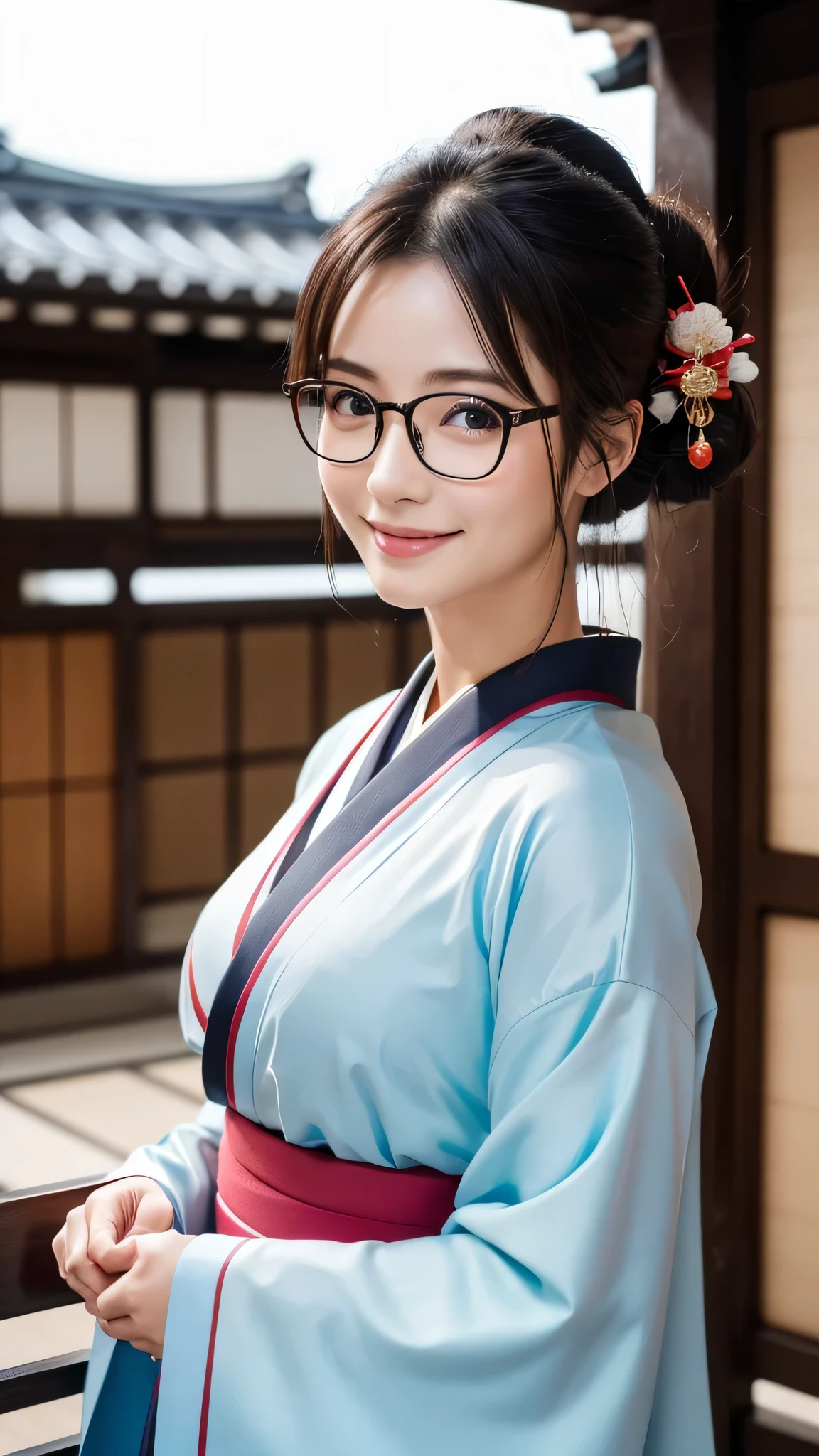 (Super beautiful woman in kimono)、((highest quality、8K masterpiece:1.3))、sharp focus:1.2、(super beautiful face:1.0)、(shiny skin:1.0)、realistic pictures、black hair、video lighting、High resolution eyes and face、video lighting、japanese actress、from the front、big breasts、with a happy smile、Slender abs beauty、whole body、wearing a kimono、in Kyoto、(((luxury obi)))、In Kyoto at night、wearing glasses with no edge、Brush your hair up with your fingers.