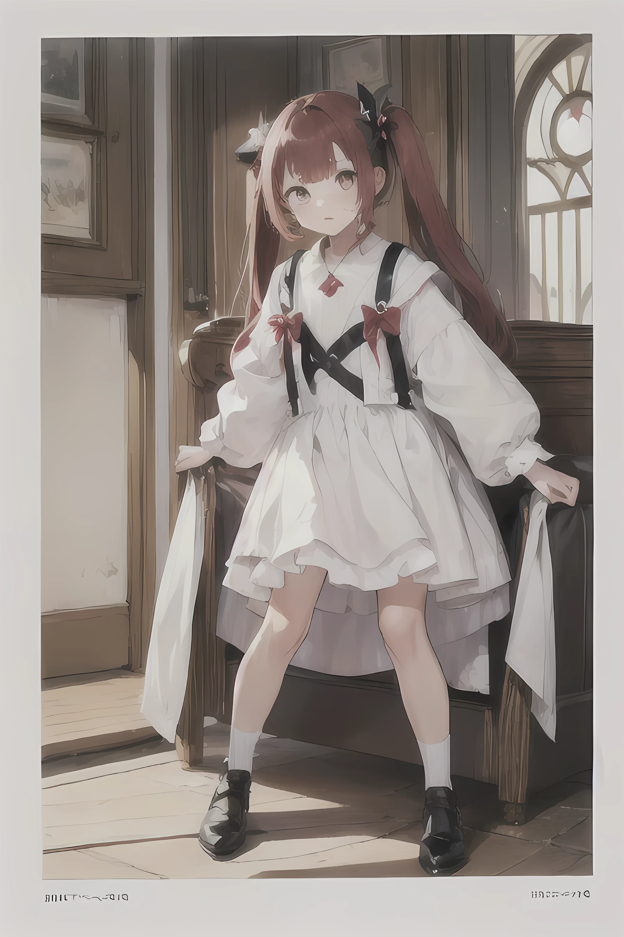 1 girl, Redhead, Twin tails,Long Hair、 Facial hair stripes, Red eyes, Impact, RAW Photos, 8k, masterpiece,White clothes、Wizard、
