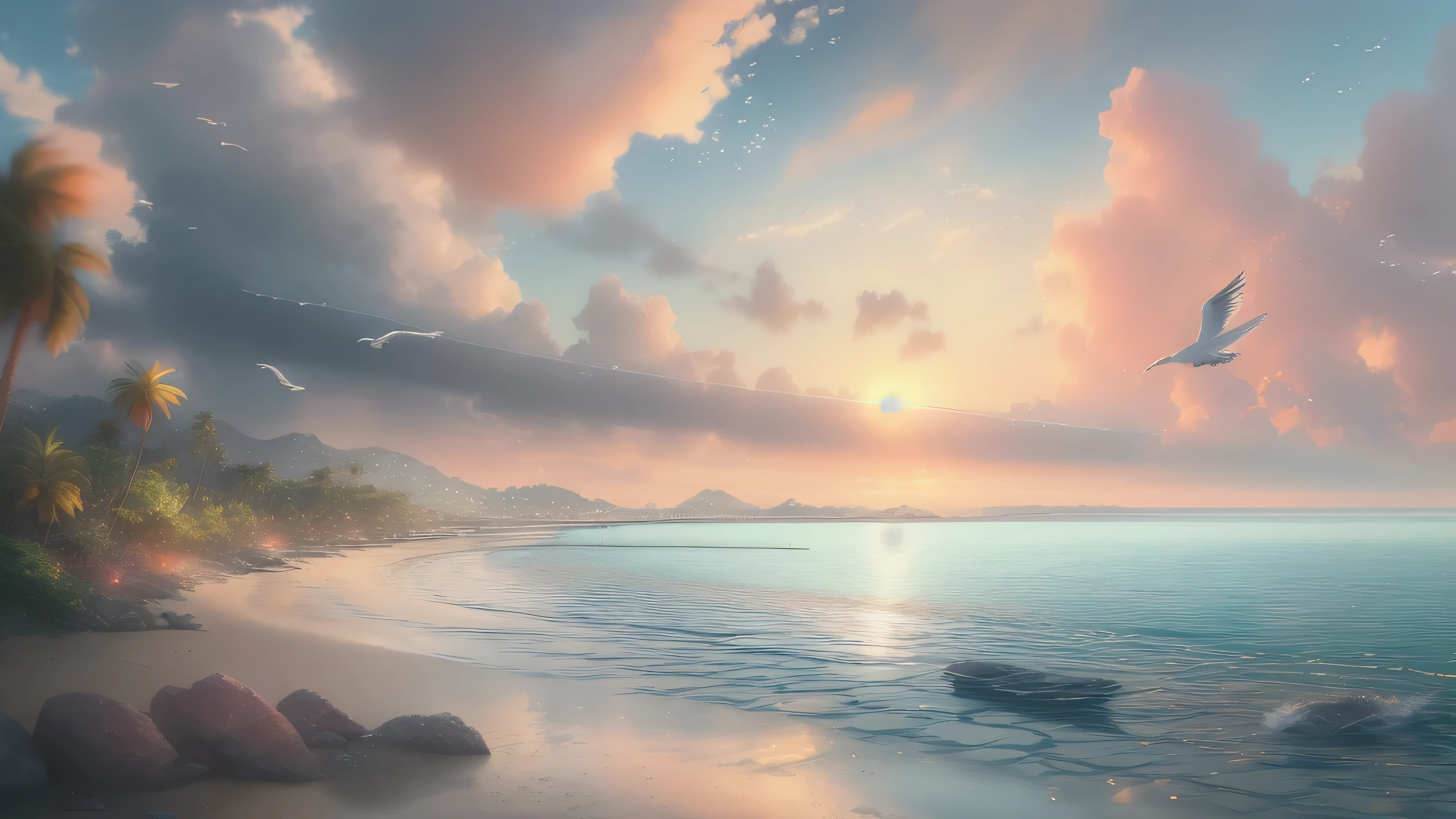 The sunset on the beach is absolutely mesmerizing, Mix with orange, pink, and yellow in sky. Water is crystal clear, kiss the shore gently, White sandy beach stretches as far as the eye can see. The scene is full of dynamics,Breathtaking, Seagulls soaring high in the sky,Palm trees sway gently. Soak up the calm atmosphere,Let tranquility surround you.masterpiece, best quality, high quality, Very detailed CG unity 8k wallpaper, landscape, outdoor, Sky, cloud, Sky, No humans, Mountain, landscape, water, Tree, blue Sky, waterfall, cliff, nature, lake, river, cloudy Sky,Award-winning photography, Bokeh, Depth of Field, HDR, bloom, Chromatic Aberration ,Reality,Very detailed, Popular on artstation, Popular on cgsociety, wheels within wheels, High Detail, Dramatic, halfway'Artworks(Low-saturation colors)