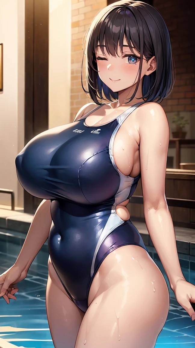 extremely detailed CG, super detailed skin, perfect anatomy, dynamic lighting, beautiful detailed eyes, Top quality、Realistic、woman、milf 、Beautiful Eyes、Symmetrical eyes、A big smile、eyes closed, (Big breasts bigger than face、Plump body、Curvy Body:1.2)、Short Hair、Black Hair、Iris、 (blue one-piece swimsuit:1.6), (gleaming skin:1.4)、Walking、townscape