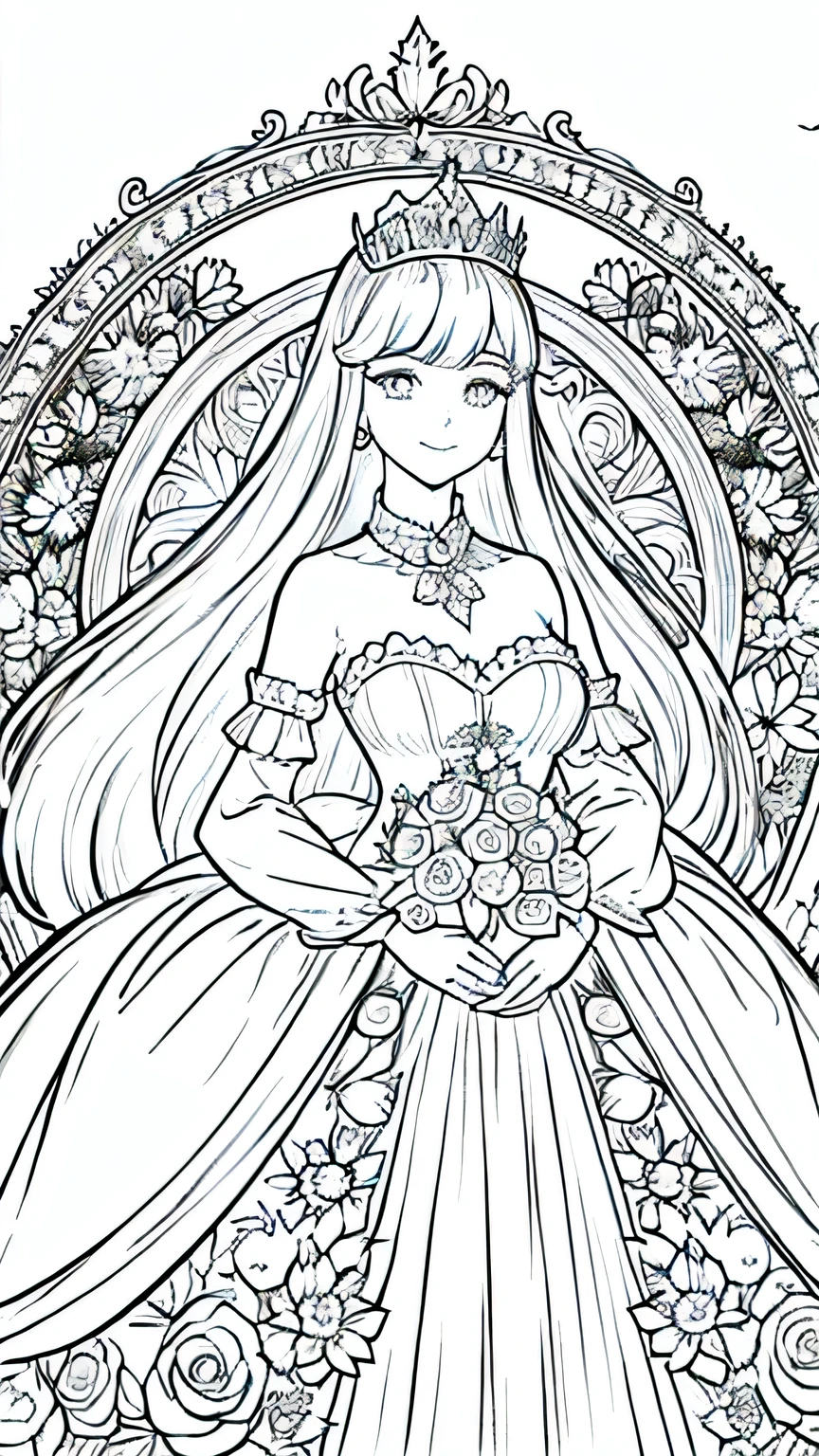 Create a black-and-white coloring page for children featuring a graceful queen in a magical kingdom. The image should include the queen wearing an elegant gown and a crown, standing in front of her beautiful castle with a background of trees, flowers, and a shining sun. The queen should be smiling and holding a bouquet of flowers, surrounded by friendly animals like birds, butterflies, and a deer. The scene should be enchanting and regal, with clear outlines suitable for coloring.