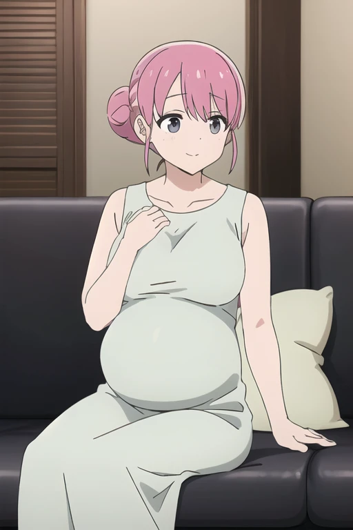 (Very detailedな CG Unity 8k 壁紙),(masterpiece),(highest quality),(Very detailed),(Best illustrations),(Best Shadow),(Absurd),   Michiyo, One Girl, alone, Pink Hair, Sitting, sofa, smile, shirt, Open your mouth,（Sleeveless Maxi Dress）, Bun Hair, indoor, Put your hands on your stomach、（Huge breasts:2）、Milk Tent、Pregnant women、From the side:0.7、From the waist up