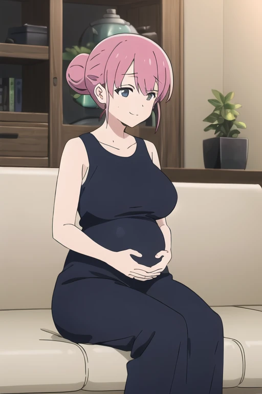 (Very detailedな CG Unity 8k 壁紙),(masterpiece),(highest quality),(Very detailed),(Best illustrations),(Best Shadow),(Absurd),   Michiyo, One Girl, alone, Pink Hair, Sitting, sofa, smile, shirt, Open your mouth,（Sleeveless Maxi Dress）, Bun Hair, indoor, Put your hands on your stomach、（Huge breasts:2）、Milk Tent、Pregnant women、From the side:0.7、From the waist up