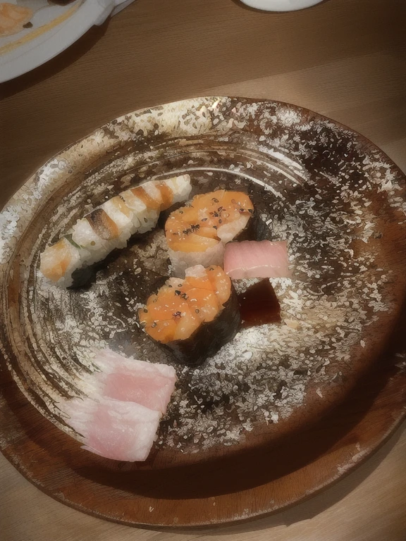 There is sushi and other food on the table, japanese fusion cuisine, Peach and sesame style, style of shuzo oshimi, Beasts, ukiyo, Koji Morimoto Shinjuku, kantoku, Three Michelin stars, 8k)), by Kishi Ganku, Kaguya Otsutsuki