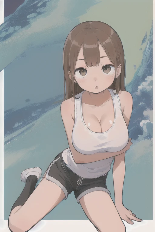 (masterpiece, high quality,:1.4), break,
The best of the best, French Polynesia,Girl with brown skin、（freckles）、（Huge breasts:1.5）、The whole body is visible、、Titty fuck、（White tank top、Black shorts、White knee-high socks）、Cleavage