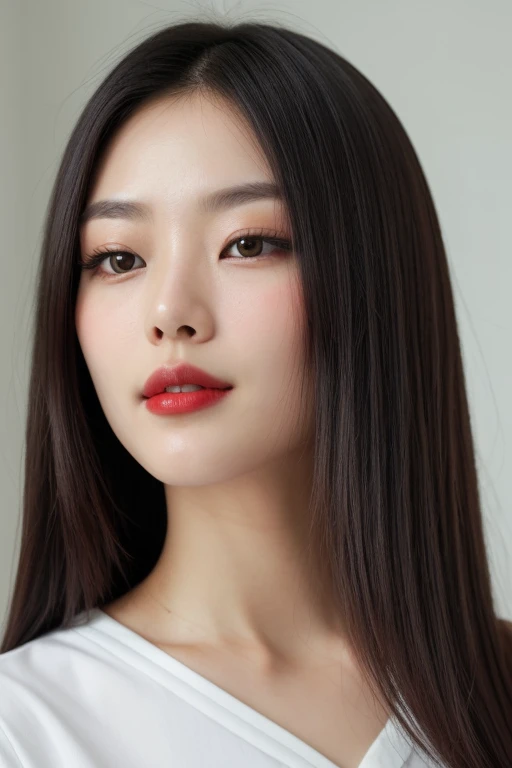 1 korean woman, big breasts, strikingly beautiful, delicate facial features, porcelain skin, expressive eyes, black hair, red lips, whitet-shirt, Alone, with a round face, There is a red mole under the left eye ,28 years old, Dark brown pupils, slimfigure, medium lenght hair, A natural smile, Pitiful expression, Warm gaze, white backgrounid, minimal style, simple backgound, Clean lines, Flat illustration style, Full body photo,