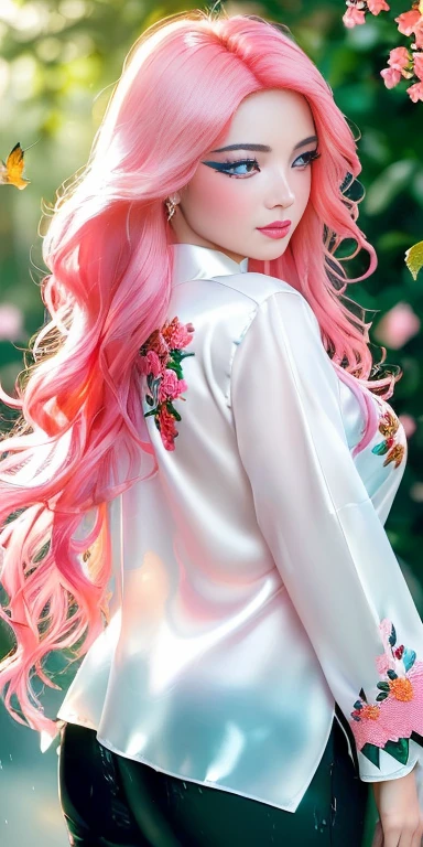 ((lifelike:1.2)), ((masterpiece:1.2)), ((highest quality image)), ((not NSFW)), ((8K)), CG, HD, very beautiful girl , asian mixed idol model,
(((girl wearing silk shirt embroidered with flowers, leaves, birds, bright colors))), photo of girl standing on the street, ((sharp and contrasting)), ((super beautiful graphics)) , ((professional)), ((detailed and vibrant colors)), ((superfine image)), ((advanced photo techniques)), ((True RAW)), ((Photo Texture perfect)), complex light, golden-black rays, ((face illumination)), sunlight ((sparkle)), ((girl body illumination), glossy pink lips, powder pink eyes, eyelashes, rosy cheeks, cosmetics, bright white skin, detailed pores, dewy skin, dewy skin, perfect hands, flawless, ivory white skin, rosy, dewy, shiny, golden red hair, smooth, flowing in the sunlight, detailed, blue eyes, seductive, ((sharp makeup)), realistic, ((wet)), detailed, pink eyeshadow, delicate eyelids, perfect beauty, detailed, black eyelashes, arched eyebrows, sparse, sharp, detailed, beautiful and perfect face, saintly, light makeup, balanced perfect, beautiful in every detail, ((shiny)), cosmetics, pretty nose, lovely, tall, details, pink cheeks, prominent cheekbones, details, seductive lips, glossy pink lips, radiant smile, pure white teeth, details, beautiful hands, perfect, ((faultless)), no defects, super perfect body, full of vitality, big and plump breasts, protruding nipples tall, deep, firm, detailed cleavage, plump, shiny butt.