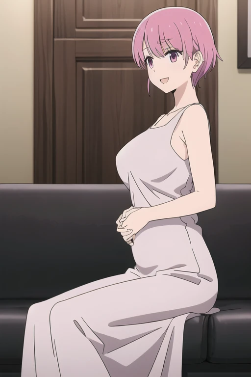 (Highly detailed CG Unity 8k wallpaper),(masterpiece),(highest quality),(Super detailed),(Best illustrations),(Best Shadow),(Absurd), Michiyo, One girl, alone, Pink Hair, Sitting, sofa, smile, shirt, Open your mouth,(Sleeveless maxi dress), short hair, indoor, Place your hand on your stomach、(Huge breasts:2)、Milk tent、、From the side:0.7