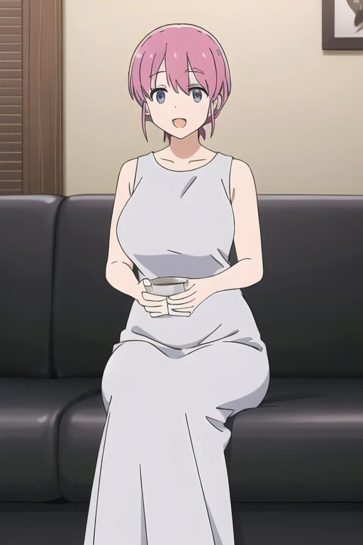 (Highly detailed CG Unity 8k wallpaper),(masterpiece),(highest quality),(Super detailed),(Best illustrations),(Best Shadow),(Absurd), Michiyo, One girl, alone, Pink Hair, Sitting, sofa, smile, shirt, Open your mouth,(Sleeveless maxi dress), short hair, indoor, Place your hand on your stomach、(Huge breasts:2)、Milk tent、、From the side:0.7
