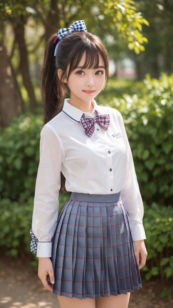 ((smile))、Confused、RAW Photos、(((The ultimate portrait masterpiece)))、((The cutest girl in the world))、1 girl、12 years old、Japanese、Cute Face、((Silky Hair))、(A high ponytail tied with a ribbon:1.4)、((Super huge breasts:1.4))、((Eyes that shine like jewels))、Glowing Skin、(young woman;A school uniform consisting of a transparent white shirt, Thin ribbon, blazer, Checkered pleated skirt.:1.5)、Winter clothes、(Uniforms made from high-quality fabrics:1.4)、Ultra-detailed uniforms、(She shyly pulls up her skirt:1.3)、(Lace panties are visible.:1.3)、((Crotch from the front))、A skirt fluttering in the wind、eyeliner、Beautiful Bangs、Hair between the eyes、((solve、High resolution))、Detailed Background、8KUHD、Digital SLR、Soft Light、high solve、Film Grain、Fujifilm XT3、Shallow depth of field、自然なSoft Light、Narrow waist,(Beautiful girl with sparkling eyes:1.3)