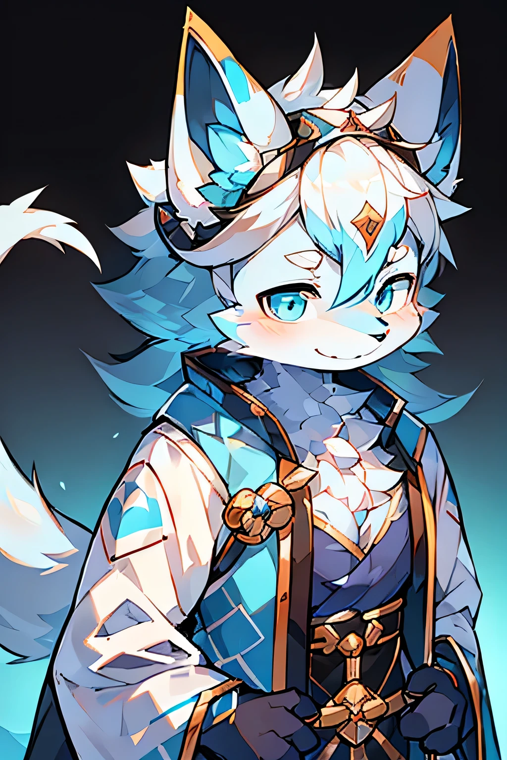 Anime girl in a blue and white dress holding a blue ball, Onmyoji, Onmyoji detailed art, Onmyoji portrait, White-haired deity, keqing from Genshin Impact impact, Genshin Impact, From Arknights, zhongli from Genshin Impact impact, heise jinyao, by Shitao, dragon, author:Yang Jie, yun lingoung werewolf, white fur, wearing a black jacket with neon details, sporting a cybernetic mask, with gamer headphones, profile picture, Close-up on the facehigh quality, digital art, drawing, HD 4k fotorealistisch, ((clear structural details)), Meticulous and realistic, Detailed eyes, (Turquoise blue pupils), ((Silvery-white glowing eyes)), Evil smile, Smile, slenderness, soft, 4K, Excellent quality, high detal, Detailed fur, ((The tail is in the right place) ,Light blue shirt。Two ears,Yellow Hair,whole body,Standing,Breast bump
