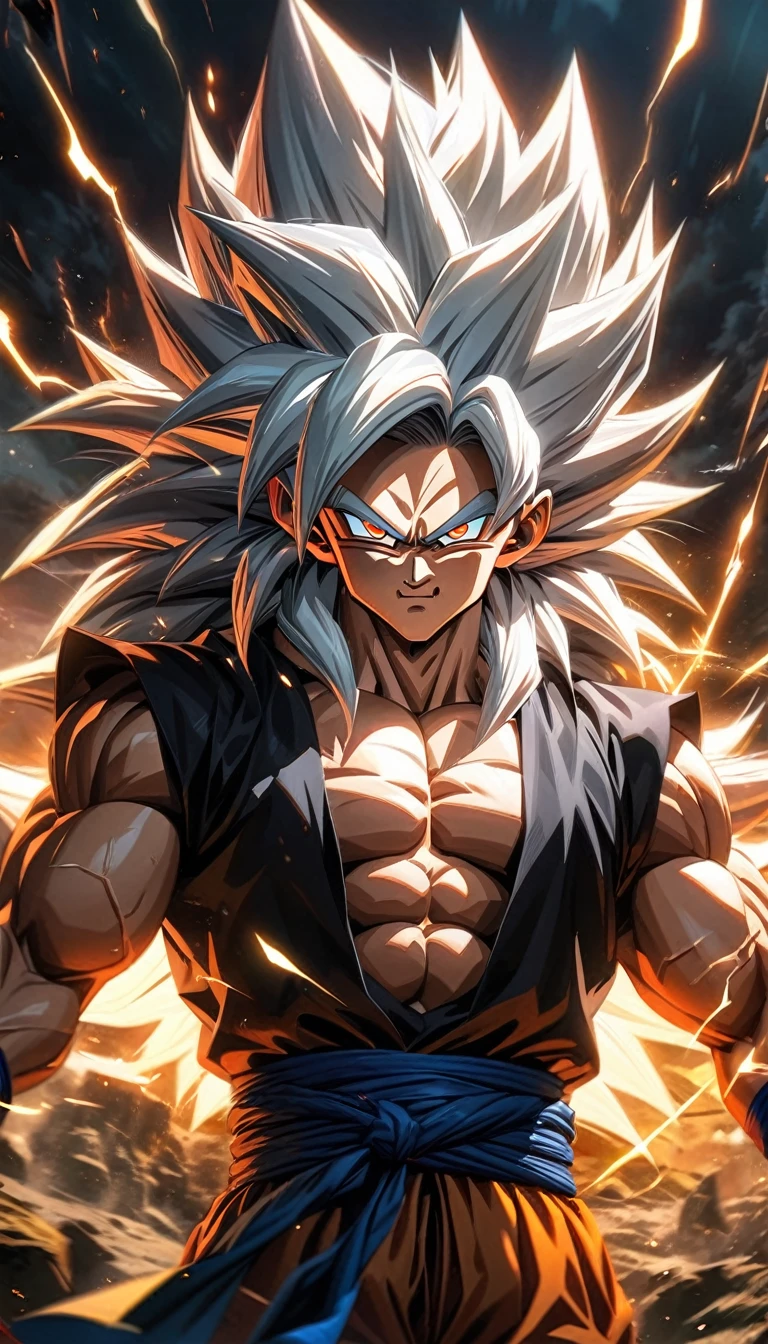 absurdres, highres, ultra detailed, HDR, masterpiece, extremely detailed face and eyes,Super Saiyan 5 Goku, Long White Hair, Dragon Ball solo, man, handsome, ,black shirt, , Epic fight scene, yellow lightning effect, glowing glitters
