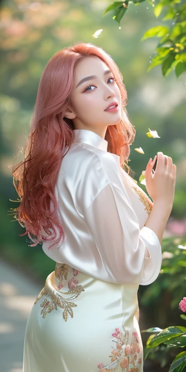 ((lifelike:1.2)), ((masterpiece:1.2)), ((highest quality image)), ((not NSFW)), ((8K)), CG, HD, very beautiful girl , asian mixed idol model,
(((girl wearing silk shirt embroidered with flowers, leaves, birds, bright colors))), photo of girl standing on the street, ((sharp and contrasting)), ((super beautiful graphics)) , ((professional)), ((detailed and vibrant colors)), ((superfine image)), ((advanced photo techniques)), ((True RAW)), ((Photo Texture perfect)), complex light, golden-black rays, ((face illumination)), sunlight ((sparkle)), ((girl body illumination), glossy pink lips, powder pink eyes, eyelashes, rosy cheeks, cosmetics, bright white skin, detailed pores, dewy skin, dewy skin, perfect hands, flawless, ivory white skin, rosy, dewy, shiny, golden red hair, smooth, flowing in the sunlight, detailed, blue eyes, seductive, ((sharp makeup)), realistic, ((wet)), detailed, pink eyeshadow, delicate eyelids, perfect beauty, detailed, black eyelashes, arched eyebrows, sparse, sharp, detailed, beautiful and perfect face, saintly, light makeup, balanced perfect, beautiful in every detail, ((shiny)), cosmetics, pretty nose, lovely, tall, details, pink cheeks, prominent cheekbones, details, seductive lips, glossy pink lips, radiant smile, pure white teeth, details, beautiful hands, perfect, ((faultless)), no defects, super perfect body, full of vitality, big and plump breasts, protruding nipples tall, deep, firm, detailed cleavage, plump, shiny butt.