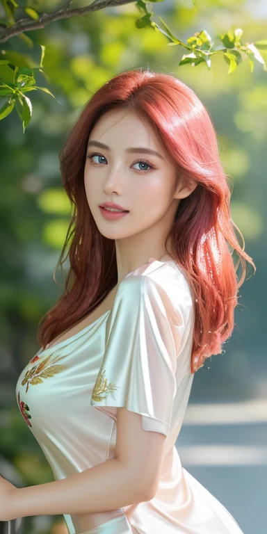 ((lifelike:1.2)), ((masterpiece:1.2)), ((highest quality image)), ((not NSFW)), ((8K)), CG, HD, very beautiful girl , asian mixed idol model,
(((girl wearing silk shirt embroidered with flowers, leaves, birds, bright colors))), photo of girl standing on the street, ((sharp and contrasting)), ((super beautiful graphics)) , ((professional)), ((detailed and vibrant colors)), ((superfine image)), ((advanced photo techniques)), ((True RAW)), ((Photo Texture perfect)), complex light, golden-black rays, ((face illumination)), sunlight ((sparkle)), ((girl body illumination), glossy pink lips, powder pink eyes, eyelashes, rosy cheeks, cosmetics, bright white skin, detailed pores, dewy skin, dewy skin, perfect hands, flawless, ivory white skin, rosy, dewy, shiny, golden red hair, smooth, flowing in the sunlight, detailed, blue eyes, seductive, ((sharp makeup)), realistic, ((wet)), detailed, pink eyeshadow, delicate eyelids, perfect beauty, detailed, black eyelashes, arched eyebrows, sparse, sharp, detailed, beautiful and perfect face, saintly, light makeup, balanced perfect, beautiful in every detail, ((shiny)), cosmetics, pretty nose, lovely, tall, details, pink cheeks, prominent cheekbones, details, seductive lips, glossy pink lips, radiant smile, pure white teeth, details, beautiful hands, perfect, ((faultless)), no defects, super perfect body, full of vitality, big and plump breasts, protruding nipples tall, deep, firm, detailed cleavage, plump, shiny butt.