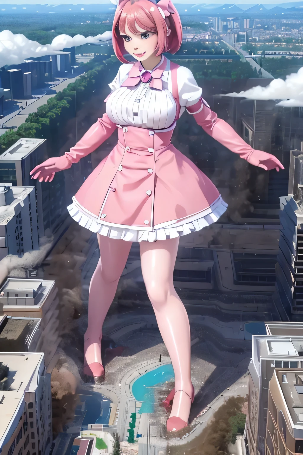 giantess art, highly detailed giantess shots, giantess, Two legs, Five fingers, short hair, A beautiful girl who is bigger than a skyscraper, Wearing rimless glasses, smile, Big Breasts, pink dress, bow, magical girl, pink gloves, pink pantyhose, no shoes on, toes visible through pantyhose, Steam coming out from the soles of my feet, Destroying cities, A very small big city, Miniature metropolis, Full body description, GTS, giga giantess, stomping city, crash city, tiny city, micro city, pantyhose feet, High resolution, highest quality, masterpiece, 