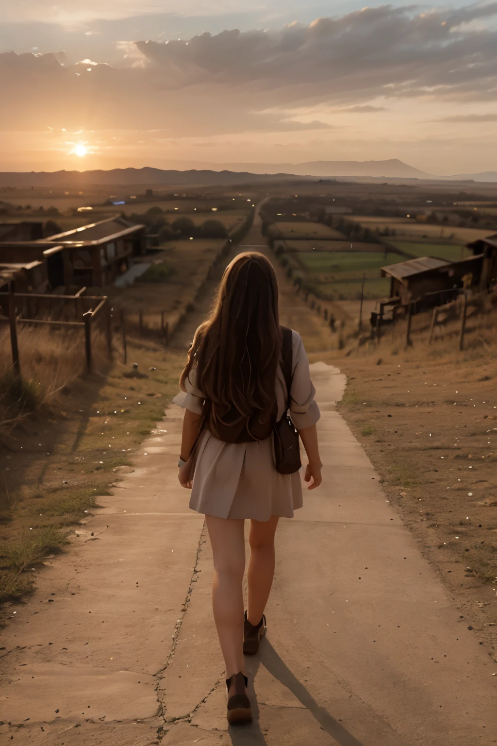 Way of light:
“A winding road that crosses a valley between mountains. Along the way, small points of light that transform into the figure of Jesus Christ in the background, lighting the way with a calm and comforting presence. The sky is dawning, with shades of pink and orange, suggesting a new beginning.”