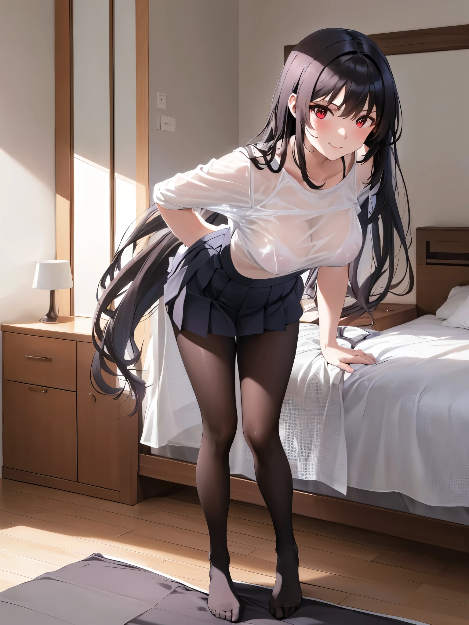 masterpiece, highest quality, One Girl,,(Sleep on your back:1.5), (18-year-old:1.4),Lie in,anime,美的animeの目,smile,alone, Long Hair, (Black Pantyhose), (Black Hair), Straight long hair,Red eyes,(Pleated skirt), Big Breasts,White Hair Band,White shirt, bangs,Bedroom,bed,(Put your arms behind your back),White pillow,(See through:1.3),(Underwear standing:1.4)