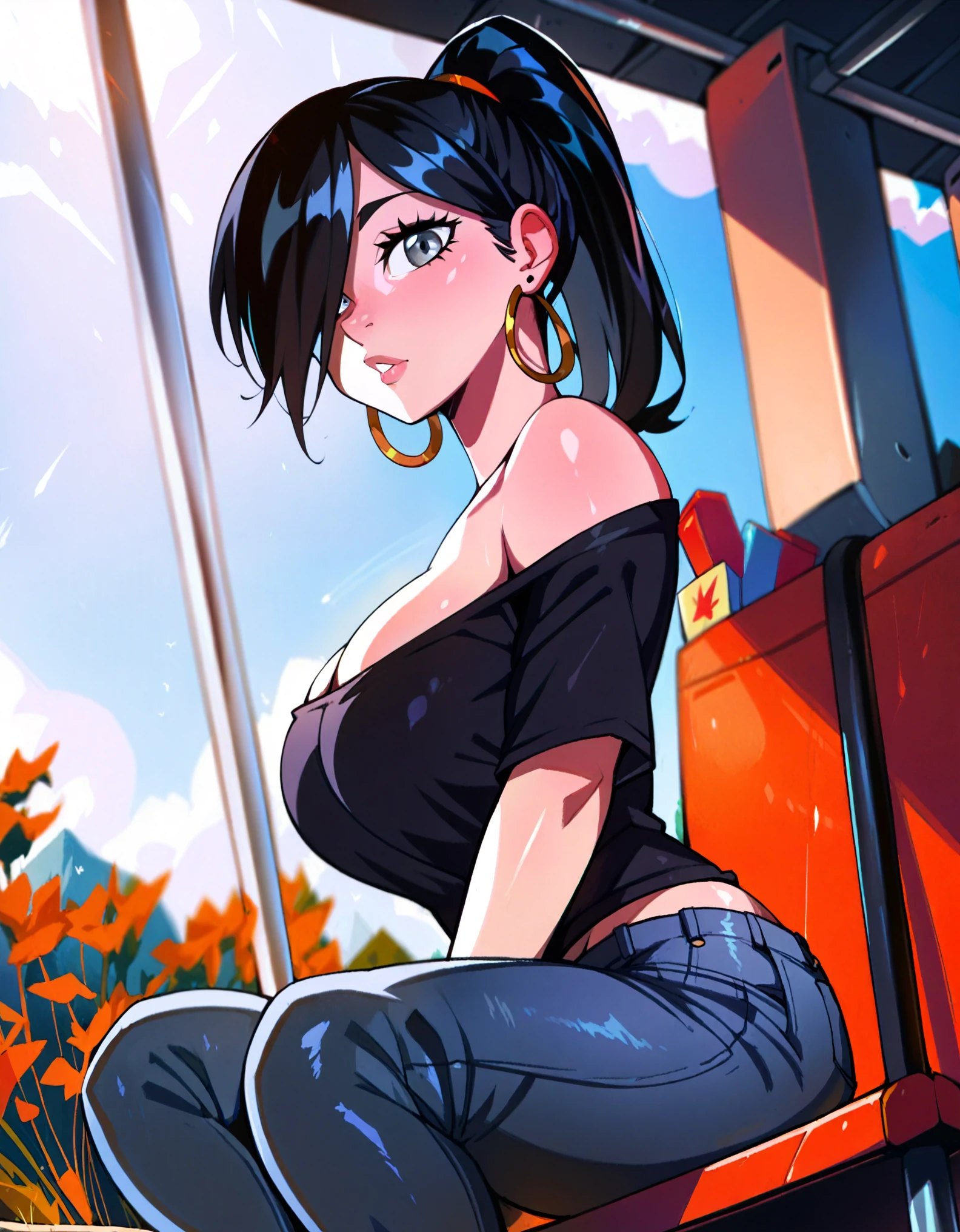 score_9, score_8_up, score_7_up, score_6_up, score_5_up, score_4_up, ((low depth of field)), , (beautiful landscape), BREAK woman sitting in a bus stand, 1girl, pale-skinned female, large breasts, grey eyes, black hair, ponytail hair, hair over one eye, hoop earrings, shirt, off-shoulder shirt, black topwear, jeans, looking at viewer, curious expression
