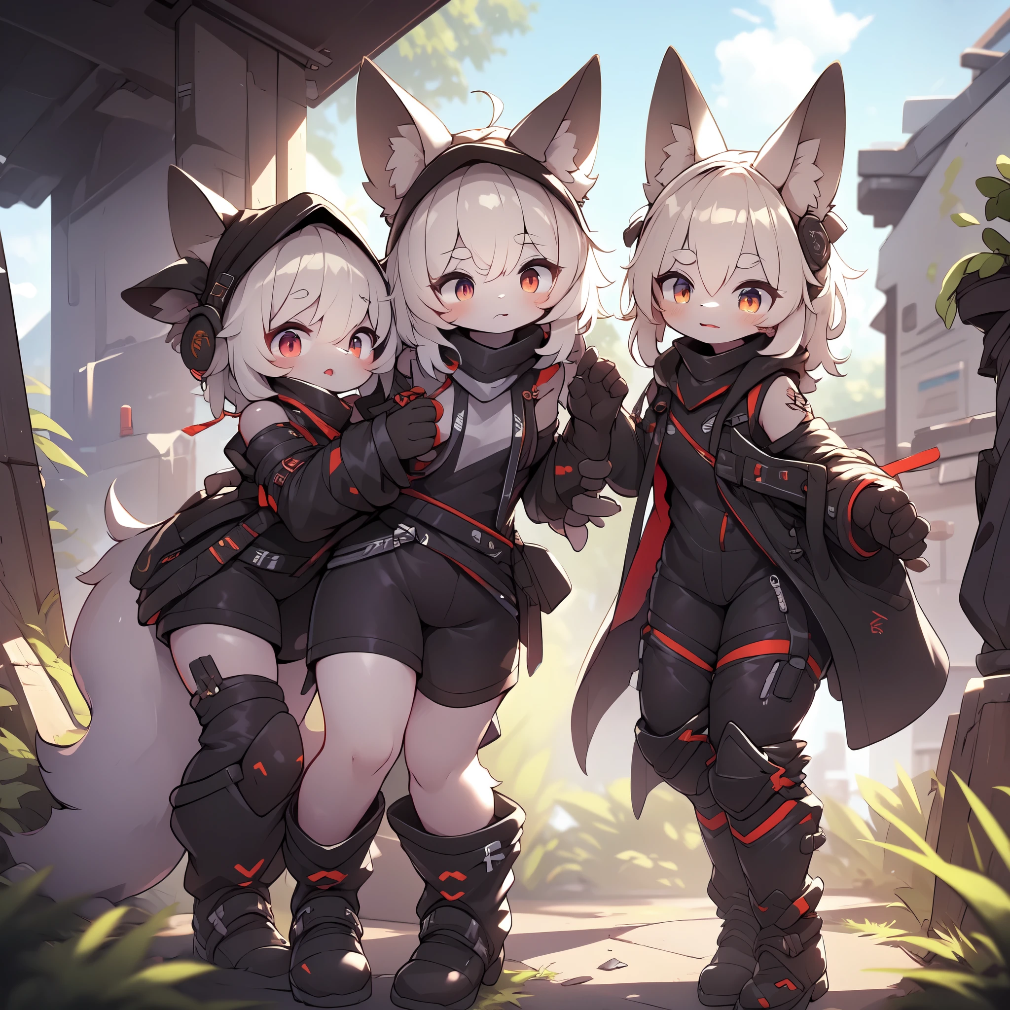 Kawaii, Striped Fluffy Fox, emaciated, long hair, 3girls, artificial synthetic skin, life support prosthetics, digital headphones, black tight latex bodysuit, white long dress, thigh-high-socks, shorts, loose off-the-shoulder hood open jacket, holsters in thigh, Mechanical boots, tactical knee pads, tactical belted loose Arm Sleeves, cybernetic Display gloves, chest rigs, tactical belts, blue archive halo, bulletproof goggles on forehead, from Ark nights, ray tracing, depth of field, bloom, masterpiece, ccurate, high details, highres