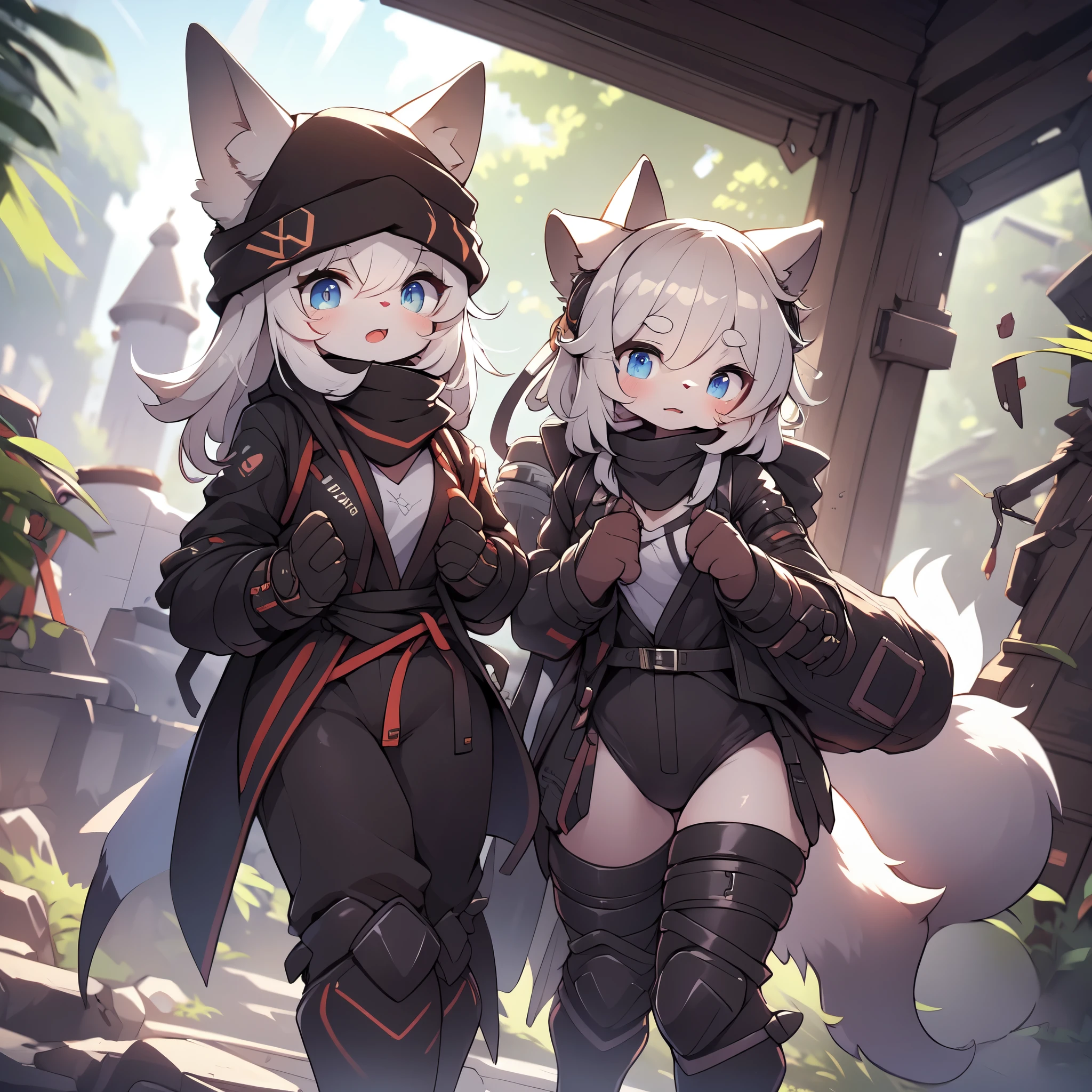 Kawaii, Striped Fluffy Fox, emaciated, long hair, 3girls, artificial synthetic skin, life support prosthetics, digital headphones, black tight latex bodysuit, white long dress, thigh-high-socks, shorts, loose off-the-shoulder hood open jacket, holsters in thigh, Mechanical boots, tactical knee pads, tactical belted loose Arm Sleeves, cybernetic Display gloves, chest rigs, tactical belts, blue archive halo, bulletproof goggles on forehead, from Ark nights, ray tracing, depth of field, bloom, masterpiece, ccurate, high details, highres