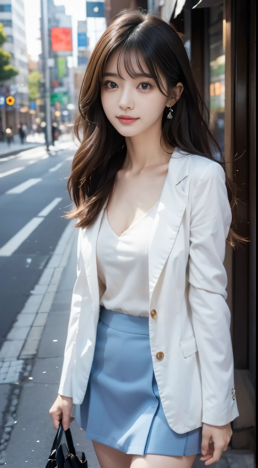 A woman standing in the streets of Ginza、Wearing a navy blue blazer、Wearing a white blouse、She is wearing a light blue flared skirt、Wearing pumps、The wind is blowing、A bag is hanging from the right shoulder、Beauty、20-year-old、university student、Uniform, cool-looking eyes、Well-balanced proportionedium build、Small face、Small breasts、Small Ass、The neck is short、Uniform left and right eyes、, black hair, long hair, messy hair, floating hair, earrings, parted lips, happy, seductive smile, symbol-shaped pupils, Surrealism, Verism, cinematic lighting, first-person view, f/1.2, Nikon, UHD, best quality, highres, 8k, anatomically correct, textured skin, high details