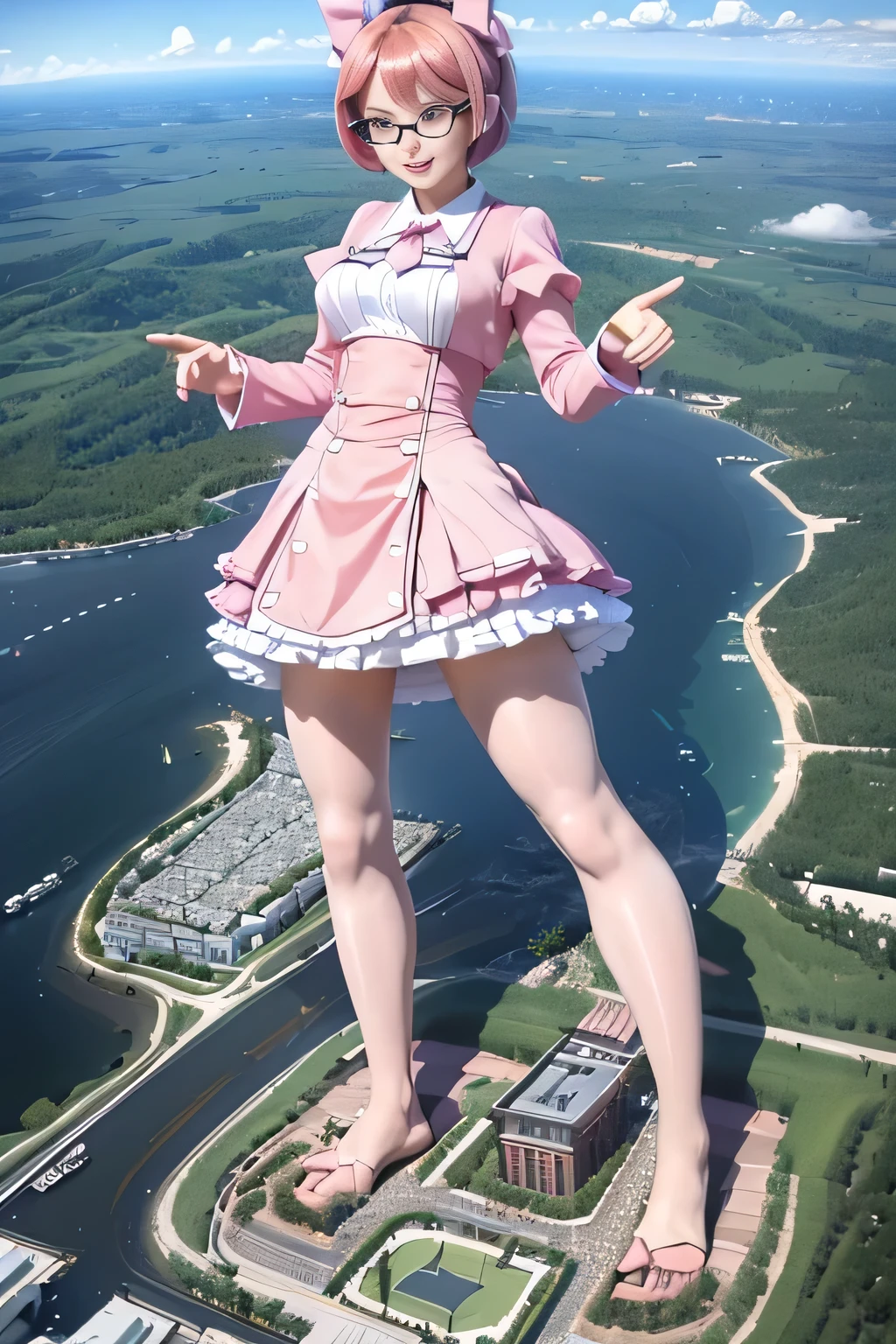 giantess art, highly detailed giantess shots, giantess, Two legs, Five fingers, short hair, A beautiful girl who is bigger than a skyscraper, Wearing rimless glasses, smile, Big Breasts, pink dress, bow, magical girl, pink pantyhose, no shoes on, toes visible through pantyhose, Steam coming out from the soles of my feet, Destroying cities, A very small big city, Miniature metropolis, Full body description, GTS, giga giantess, stomping city, crash city, tiny city, micro city, pantyhose feet, High resolution, highest quality, masterpiece, 