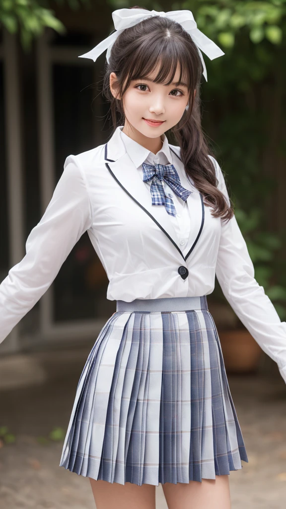 ((smile))、Confused、RAW Photos、(((The ultimate portrait masterpiece)))、((The cutest girl in the world))、1 girl、、Japanese、Cute Face、((Silky Hair))、(A high ponytail tied with a ribbon:1.4)、((Super huge breasts:1.4))、((Eyes that shine like jewels))、Glowing Skin、(young woman;A school uniform consisting of a transparent white shirt, Thin ribbon, blazer, Checkered pleated skirt.:1.5)、Winter clothes、(Uniforms made from high-quality fabrics:1.4)、Ultra-detailed uniforms、(She shyly pulls up her skirt:1.3)、(Lace panties are visible.:1.3)、((Crotch from the front))、A skirt fluttering in the wind、eyeliner、Beautiful Bangs、Hair between the eyes、((solve、High resolution))、Detailed Background、8KUHD、Digital SLR、Soft Light、high solve、Film Grain、Fujifilm XT3、Shallow depth of field、自然なSoft Light、Narrow waist,(Beautiful girl with sparkling eyes:1.3),(A big bust that seems to burst)