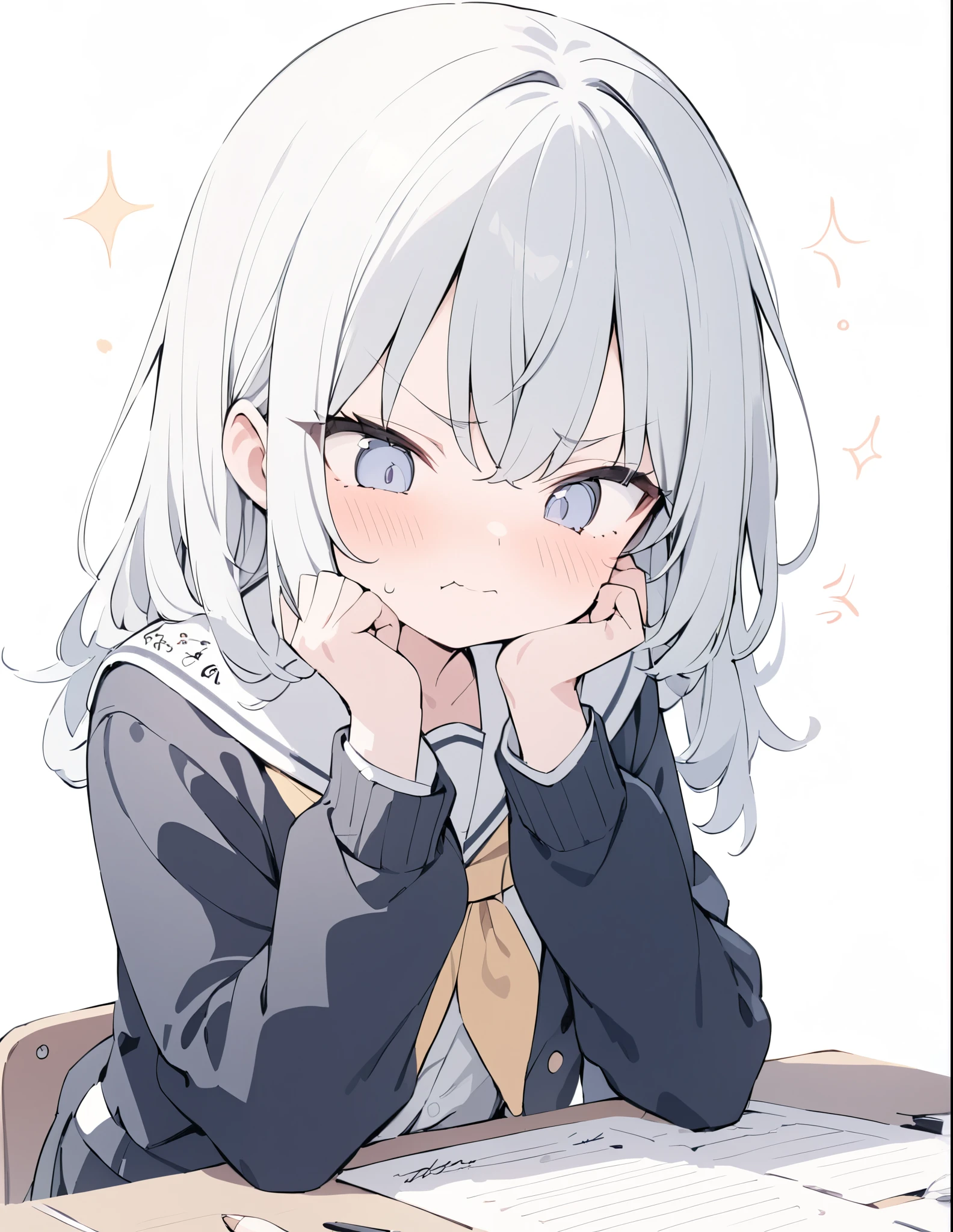 ((Handwritten style,pale colour)),35mm, f/1.2, UHD, high details, best quality, highres, masterpiece,Angry girl puffing out her cheeks、cute、school exam、difficult