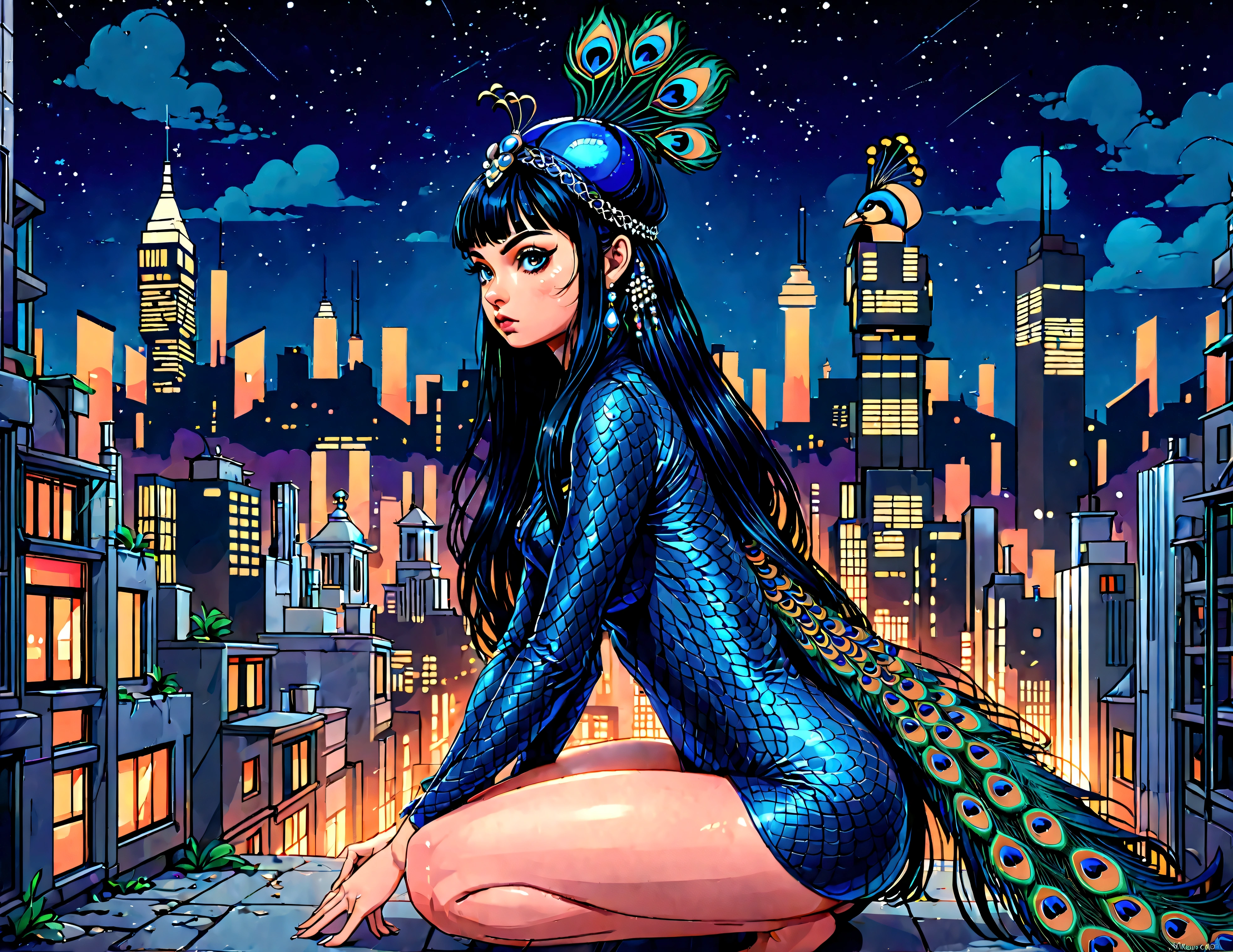 Full body portrait, young and beautiful woman in latex bodysuit (ultramarine blue) from _China_, highly detailed eyes and face, beautifully detailed eyes, beautifully detailed lips, beautiful woman, with bangs, very long straight black hair, braided into a single ponytail high on the head, (3 peacock tail feathers on head as a hair ornament: 1.55), detailed night view of tall city skyscraper rooftops, beautiful young woman looking at cityscape, dramatic city lights and shining skyscrapers in the background, realistic, photorealistic, natural light, glowing skin, hands on knees, (squatting with legs wide apart: 1.3), anatomically correct body structure, cold lighting, dark and gloomy atmosphere, cinematic lighting, dramatic, high quality, photorealistic, 8k, masterpiece, portrait photography, Chloeme