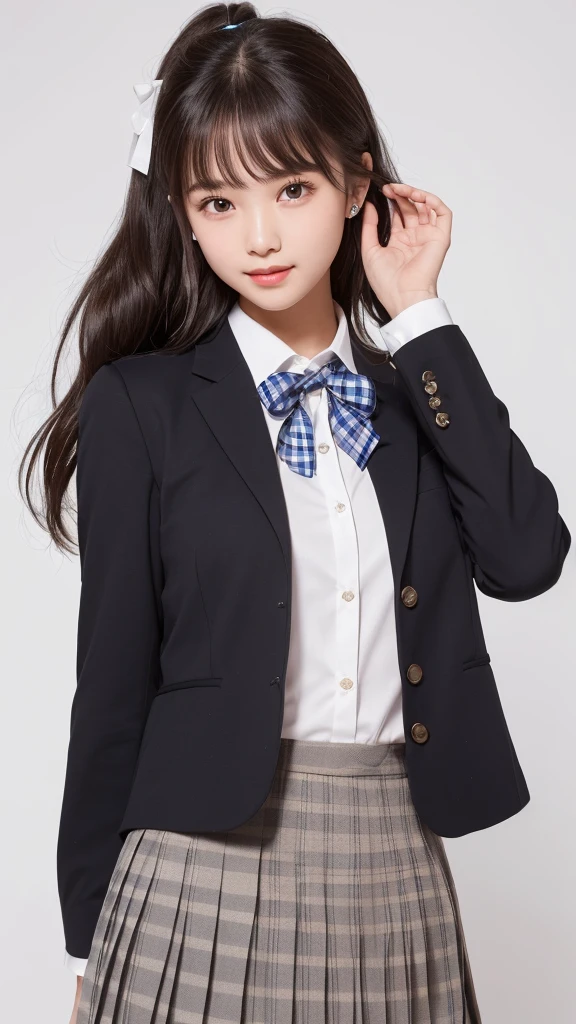 ((smile))、Confused、RAW Photos、(((The ultimate portrait masterpiece)))、((The cutest girl in the world))、1 girl、12 years old、Japanese、Cute Face、((Silky Hair))、(A high ponytail tied with a ribbon:1.4)、((Super huge breasts:1.4))、((Eyes that shine like jewels))、Glowing Skin、(young woman;A school uniform consisting of a transparent white shirt, Thin ribbon, blazer, Checkered pleated skirt.:1.5)、Winter clothes、(Uniforms made from high-quality fabrics:1.4)、Ultra-detailed uniforms、(She shyly pulls up her skirt:1.3)、(Lace panties are visible.:1.3)、((Crotch from the front))、A skirt fluttering in the wind、eyeliner、Beautiful Bangs、Hair between the eyes、((solve、High resolution))、Detailed Background、8KUHD、Digital SLR、Soft Light、high solve、Film Grain、Fujifilm XT3、Shallow depth of field、自然なSoft Light、Narrow waist,(Beautiful girl with sparkling eyes:1.3),(A big bust that seems to burst:1.4)