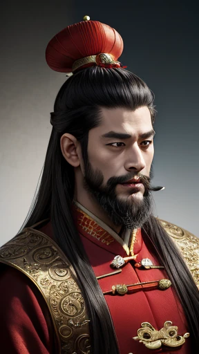 Oriental、Men in ancient Chinese costumes、ancient chinese hairstyle men、Three Kingdomultiple warlords、highest quality、masterpiece、Ultra-high resolution、(Realistic:1.4)、Game Poster、Crisp and beautiful image quality、Red clothes、Long beard、I put a cylindrical box on my head、