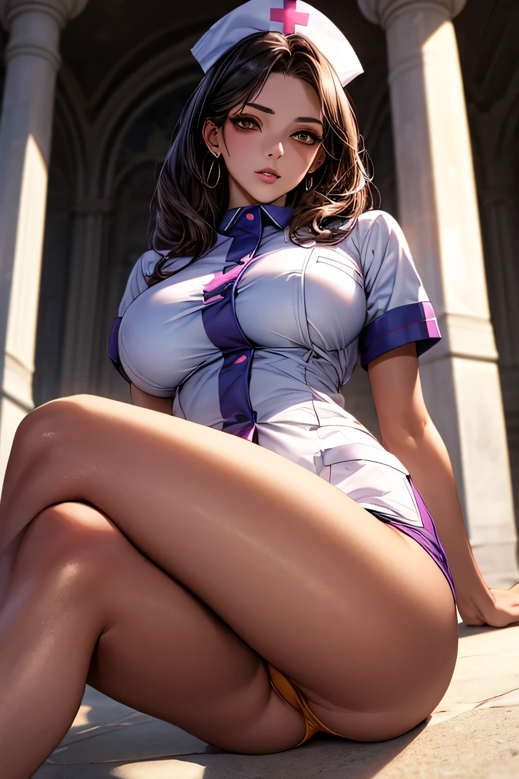 ((40yo, Bitch)), ((Sexy shiny nurse uniform)), masterpiece, (From below), ((Big Breasts)), Sit and open your legs、Yellow panties、With those legs、(Big Hips), (Sexy pose), (Very tanned and shiny skin),  (Skin dents), photoRealistic, Realistic, alone, photoRealistic, highest quality, Ultra-high resolution, Yura S, Outdoor, colorful, Lips parted, Daytime setting, beautiful, masterpiece, highest quality, Highly detailed face, Perfect lighting, Ultra-high resolution, Super detailed 