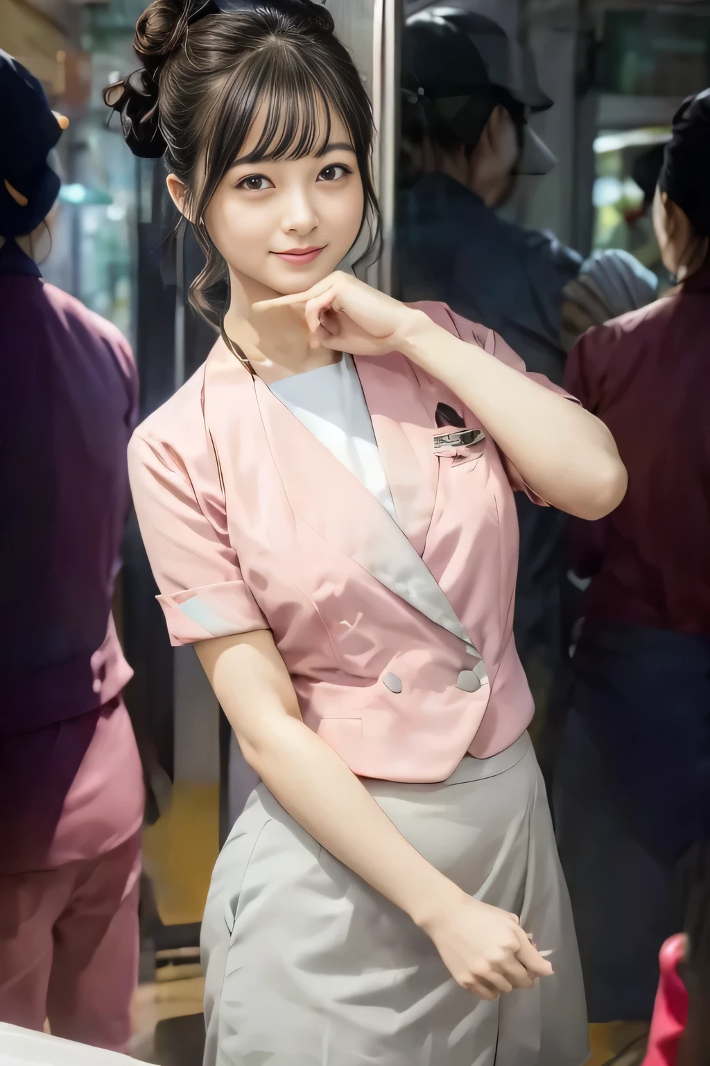 (masterpiece:1.2, highest quality:1.2), 32K HDR, High resolution, (alone、1 girl)、(On the rooftop of a building in the daytime、Professional Lighting)、Building rooftop background、(Nankai train crew uniform pinkを着たリアルスタイル)、(Nankai train crew uniform pink short sleeve pink jacket、Nankai Train Crew Uniform Pink Collarless Short Sleeve Blouse、Nankai Train crew uniform pinkのグレー色のキュロットスカート)、Dark brown hair、(Hair tied up、Hair Bun、Hair Bun)、Dark brown hair、Long Shot、Big Breasts、Thin legs、((Great hands:2.0)),((Harmonious body proportions:1.5)),((Normal limbs:2.0)),((Normal finger:2.0)),((Delicate eyes:2.0)),((Normal eyes:2.0)))、smile、(Nankai Train crew uniform pinkのグレー色のキュロットスカートを見せた美しい歩く姿)、neck naturally
