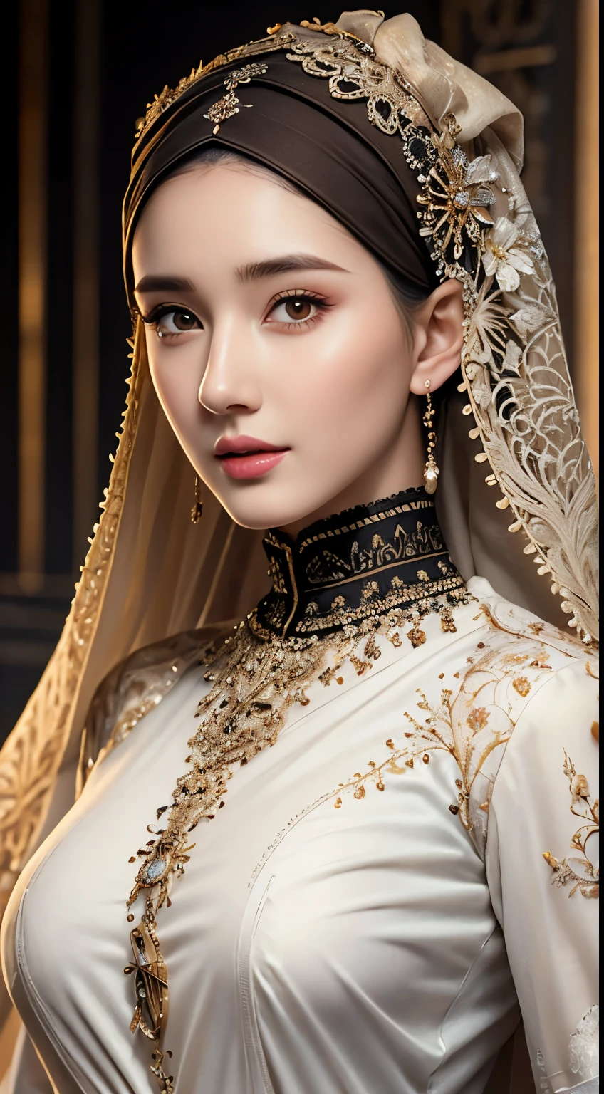 Best quality, Realistic, Photorealistic, extremely detailed, An extremely delicate and beautiful, RAW photo, 4K, 8K, Professional lighting, Dynamic lighting, light in face, Depth of field, solo focus, full body, flawless beauties,A 20-year-old female, Brown eyes, Smaller head, Fashion girl, Beautiful eyes, Huge breasts, Real face, Real skin, Realistic face, Realistic skin, Detailed eyes, Detailed facial features, detailed hijab, detailed clothes feature, (fashionable attire:1.3), (intricate fashion hijab: 1.3) dynamic poses,Detailed face, pretty smile, cowboy shot